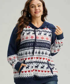 Christmas Pocket Rib Knit Hooded Raglan Sleeve Sweatshirt -Clothing Shop 575124536 gs