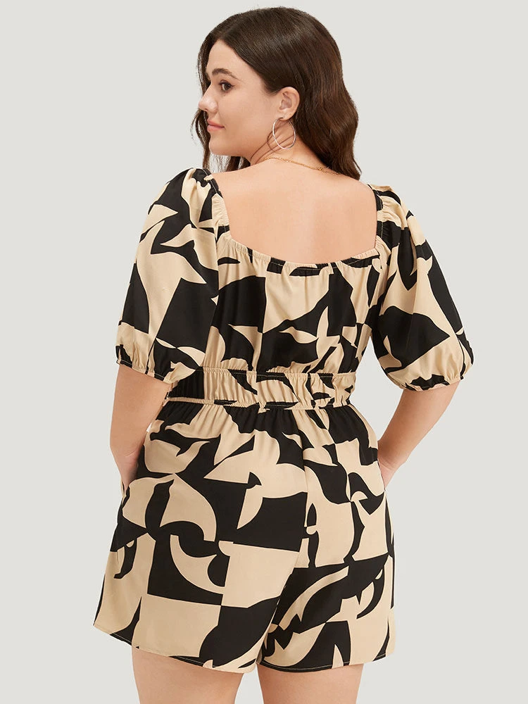 Geometric Shirred Pocket Elastic Waist Puff Sleeve Jumpsuit 6 Geometric Shirred Pocket Elastic Waist Puff Sleeve Jumpsuit - Image 4