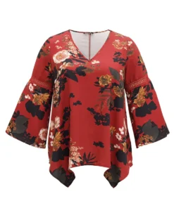 Floral Lace Panel V Neck Hanky Hem Blouse -Clothing Shop 576650848 zk