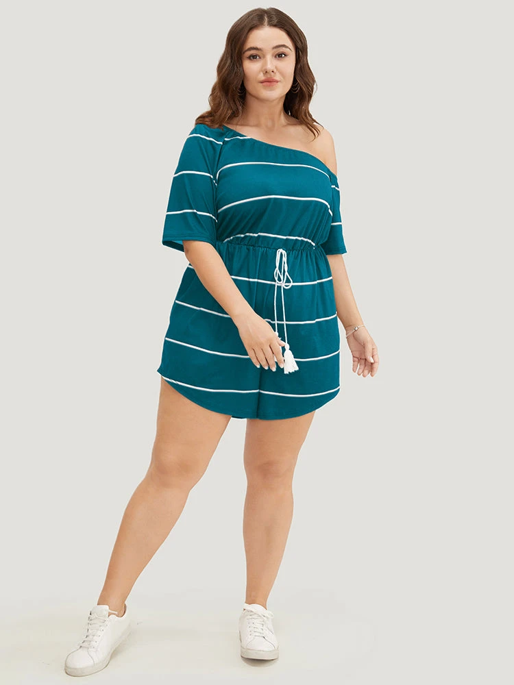 Striped Print Knot Pocket Tassels One Shoulder Romper 16 Striped Print Knot Pocket Tassels One Shoulder Romper - Image 14