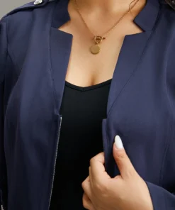 Plain Button Detail Notched Zipper Blazer -Clothing Shop 577118644 qh