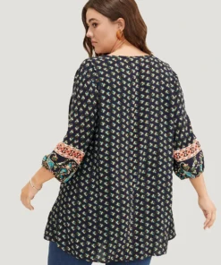 Bandana Print Lantern Sleeve Tassels Tie Neck Blouse -Clothing Shop 577383926 kr