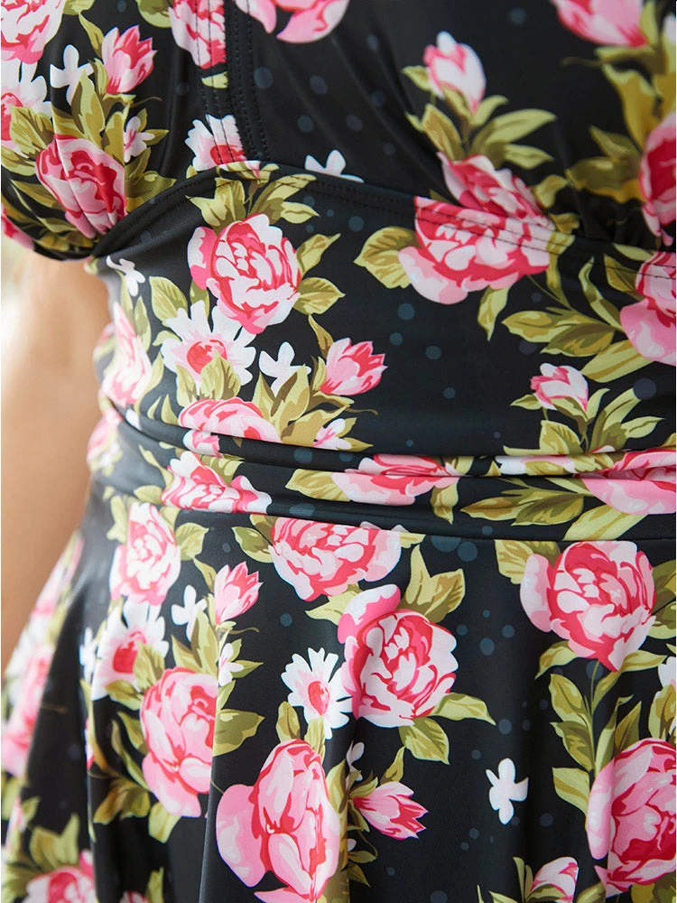 Floral Print V Neck Empire Waist Ruffle Hem Swim Dress 8 Floral Print V Neck Empire Waist Ruffle Hem Swim Dress - Image 6