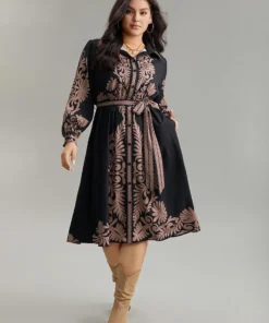Boho Print Shirt Collar Belted Dress