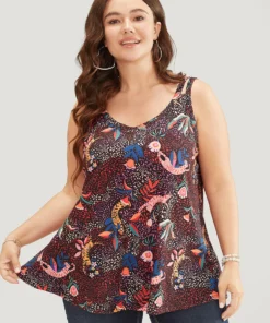 Cat & Plant Print Sleeveless Cut Out Cami Top