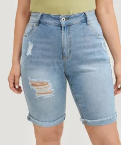 Moderately Stretchy High Rise Light Wash Distressed Denim Shorts