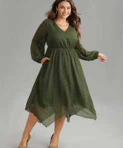 Plain Textured V Neck Hanky Hem Dress