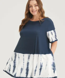 Tie Dye Patchwork Round Neck Pocket T-shirt -Clothing Shop 579545239 bl