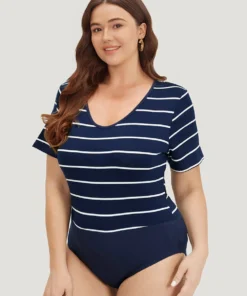 Striped Contrast Patchwork Crew Neck Bodysuit -Clothing Shop 579655254 wz f8ccbb06 e2a1 4cad 93f1 1babd9813c66