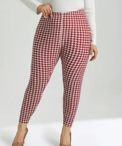 Christmas Houndstooth Elastic Waist High Rise Leggings -Clothing Shop 579824643 ha
