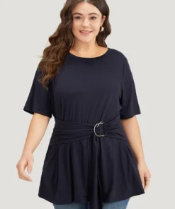 Crew Neck Buckle Detail Ruffle Hem T-shirt