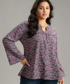 Ditsy Floral Notched Bell Sleeve Blouse -Clothing Shop 580164710 ip