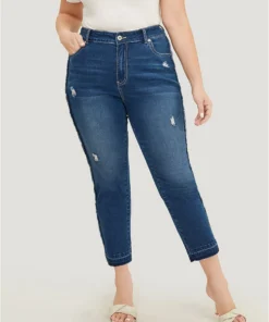 Very Stretchy High Rise Medium Wash Raw Trim Jeans -Clothing Shop 581195382 rr