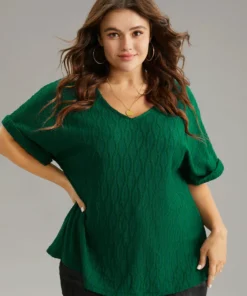 Plain Texture V Neck Roll Dolman Sleeve T-shirt