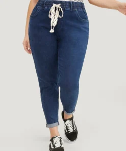 Moderately Stretchy High Rise Dark Wash Roll Hem Drawstring Jeans -Clothing Shop 581432030 ye