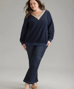 Patchwork Lace Panel V Neck Waffle Knit Sweatshirt -Clothing Shop 581879167 ts