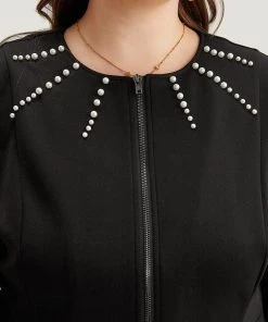 Pearl Beaded Zipper Plicated Detail Coat -Clothing Shop 582610551 iv