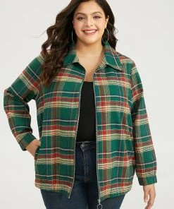 Plaid Contrast Zipper Pocket Jacket -Clothing Shop 58263994 ib