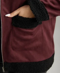 Fuzzy Trim Patched Pocket Zipper Jacket -Clothing Shop 583078456 xx