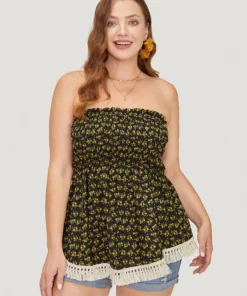 Ditsy Floral Frill Trim Tassels Hem Shirred Off Shoulder Blouse -Clothing Shop 584107253 em 7470fb48 39f3 4c9c 8570 4f27cf0d3f00