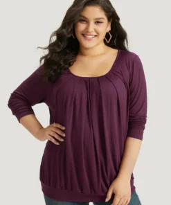 Plain Pleated Round Neck T-shirt -Clothing Shop 584656440 sk