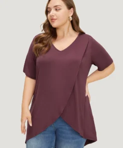 Plain V Neck Wrap High Low Hem T-shirt -Clothing Shop 585074531 na