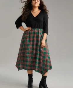 Plaid Contrast Patchwork Ruched Pocket Dress