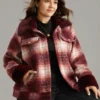 Plaid Patchwork Button Through Fuzzy Trim Woolen Jacket -Clothing Shop 585326209 os
