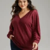 Solid Rib Knit V Neck Sweatshirt