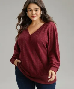 Solid Rib Knit V Neck Sweatshirt