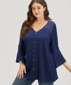 Plain Crochet Lace Button Detail Bell Sleeve Blouse -Clothing Shop 587449186 xz ef55ca05 fde8 41f1 b957 24d70a816dba