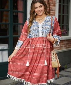 Bandana Print Contrast Tassels Trim Ties Notched Dress