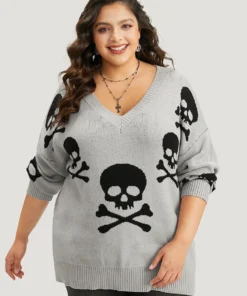 Supersoft Essentials Halloween Skull Print V Neck Pullover -Clothing Shop 587634033 ut 285b9a79 757b 430c 81a2 7f10cb5036d0