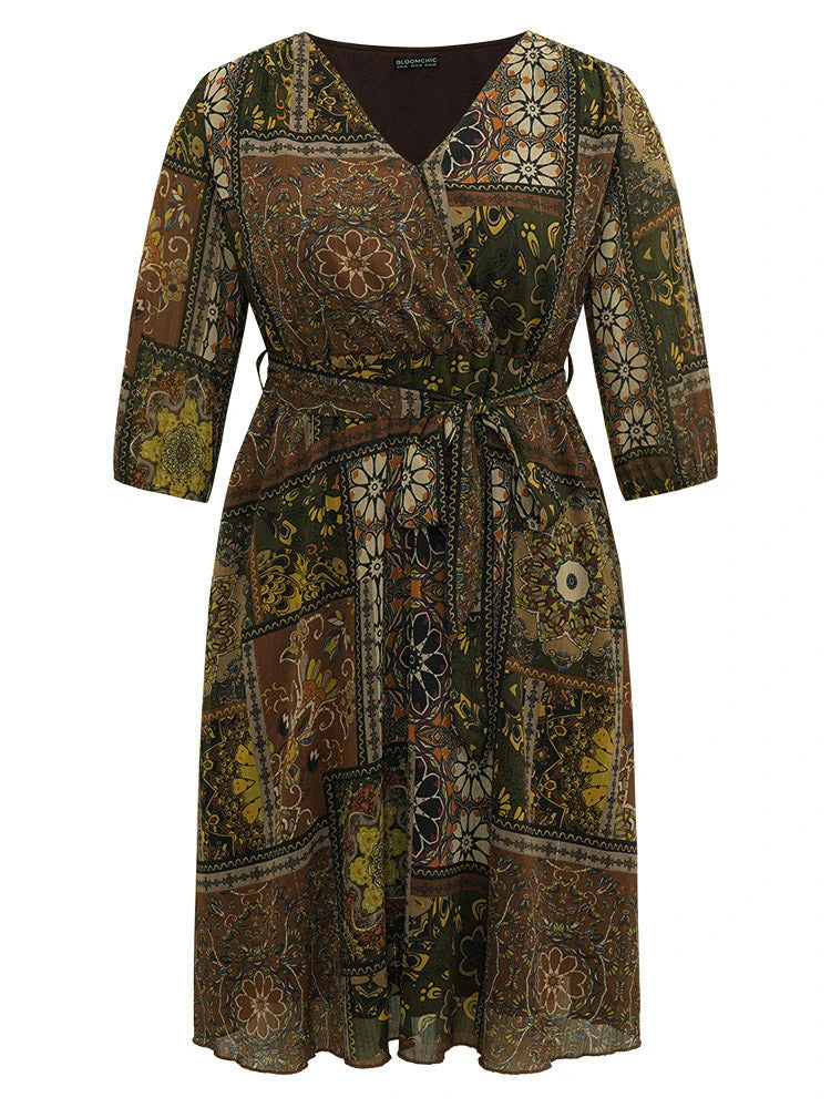 Boho Print Wrap Elastic Waist Belted Dress 10 Boho Print Wrap Elastic Waist Belted Dress - Image 8