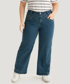 Solid Patchwork Wide Leg Medium Wash Jeans -Clothing Shop 587926666 tg