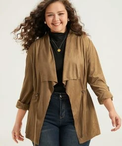Asymmetrical Neck Drawstring Tab Sleeve Coat