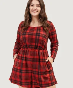Plaid Round Neck Pocket Elastic Waist Sleep Romper -Clothing Shop 588506618 dk