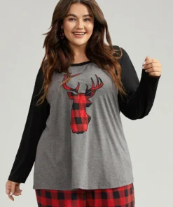 Elk & Plaid Embroidered Patchwork Sleep Top -Clothing Shop 589344146 xc