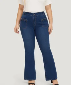 Flare Leg Very Stretchy High Rise Dark Wash Cable Contrast Jeans -Clothing Shop 590366249 ju