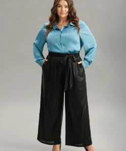 Plain Texture Belted High Rise Wide Leg Pants -Clothing Shop 590699602 ny