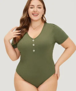 Solid Rib Knit Button Detail Bodysuit -Clothing Shop 591014475 tq