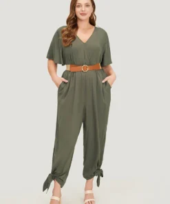 Plain Pocket Wrap Cut Out Knotted Hem Jumpsuit