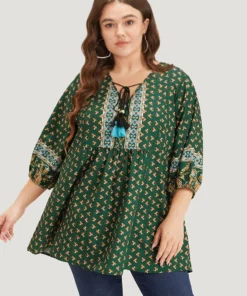 Bandana Print Lantern Sleeve Tassels Tie Neck Blouse -Clothing Shop 591708902 ql