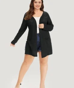 Solid Rib Knit Pocket Lightweight Tunic Cardigan -Clothing Shop 593407972 vi