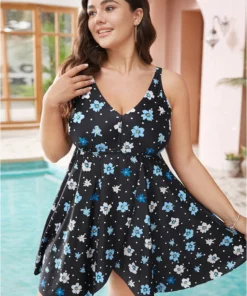 Floral & Polka Dot V Neck Split Front Swim Dress