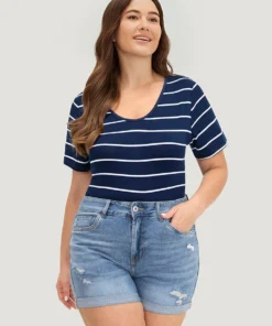 Striped Contrast Patchwork Crew Neck Bodysuit -Clothing Shop 593804444 oe 75977ff7 df30 423b ace1 c0fd1d5a5b42