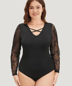 Plain Lace Mesh Patchwork Crisscross Bodysuit 13 Plain Lace Mesh Patchwork Crisscross Bodysuit -Clothing Shop 59388556 js