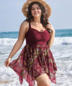 Tropical Ruched Ties Hanky Hem Crisscross Swim Dress -Clothing Shop 593977865 id