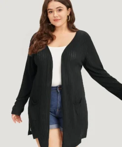 Solid Rib Knit Pocket Lightweight Tunic Cardigan -Clothing Shop 5956811 wi