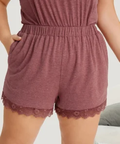 Solid Lace Panel Elastic Waist Sleep Shorts